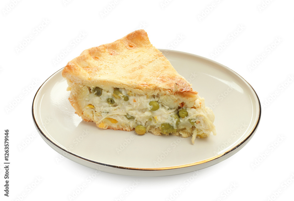Piece of tasty homemade pie with chicken and vegetables isolated on white Piece of tasty homemade pie with chicken and vegetables isolated on white