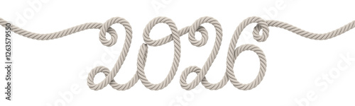 The rope is twisted in the shape of the year 2026. Stylish calligraphy of a handwritten inscription made of rope. 3D rendering