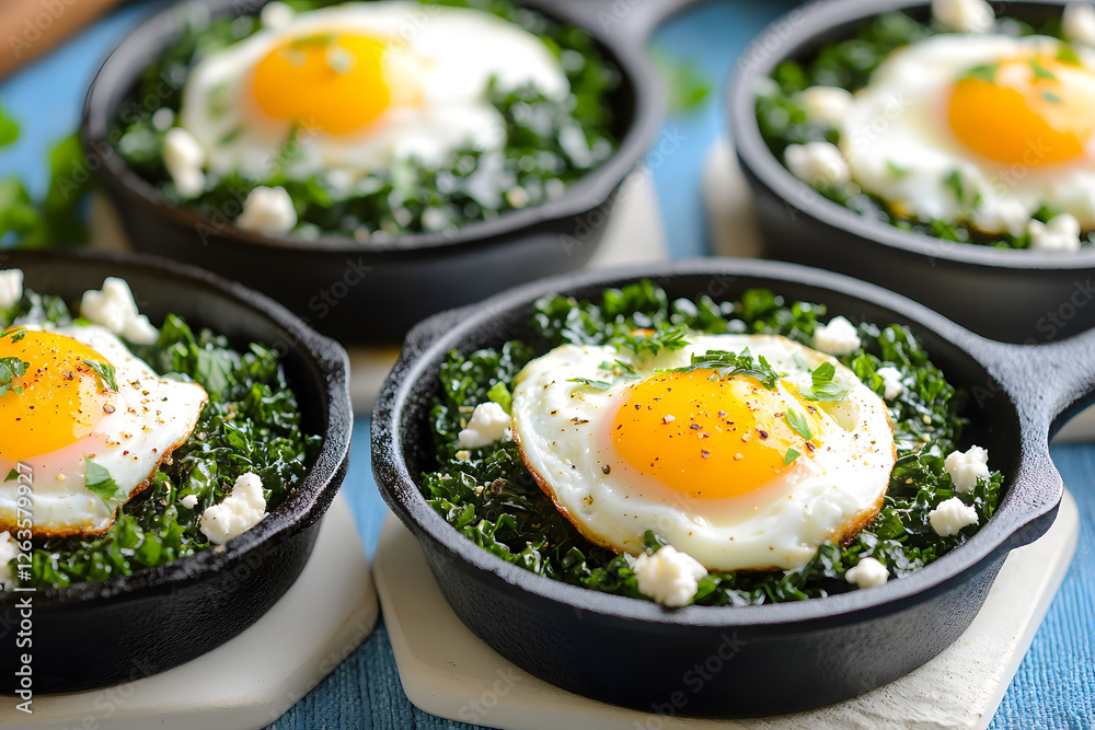 Skillet eggs with kale and feta cheese Skillet eggs with kale and feta cheese