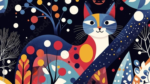  Cat painting in forest with dotted face