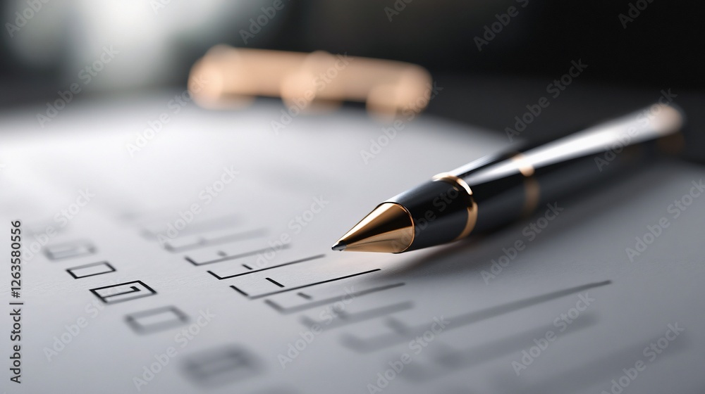 Fototapeta premium Pen on checklist, paperwork, office background