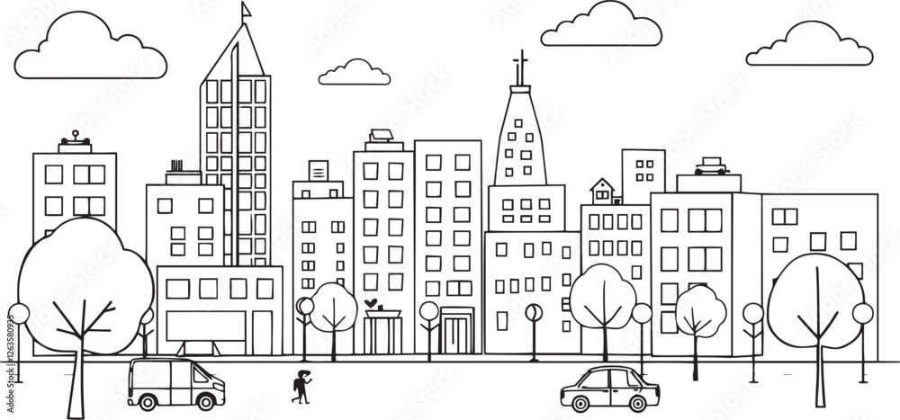 City landscape. Different buildings on street, outline cityscape hand sketch, flat houses. Hand drawn vector illustration City landscape. Different buildings on street, outline cityscape hand sketch, flat houses. Hand drawn vector illustration