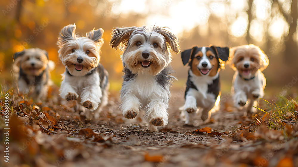 Joyful group of small dogs running through autumn leaves. Perfect for pet adoption, veterinary, or pet insurance campaigns. Captures themes of friendship, adventure, and the beauty of nature. Joyful group of small dogs running through autumn leaves. Perfect for pet adoption, veterinary, or pet insurance campaigns. Captures themes of friendship, adventure, and the beauty of nature.