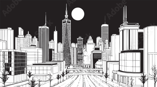 City landscape. Different buildings on street, outline cityscape hand sketch, flat houses. Hand drawn vector illustration