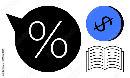 Large black percentage sign, blue icon with dollar sign, open book outline. Ideal for finance, education, learning, economics, interest rates savings banking. Modern abstract line flat metaphor