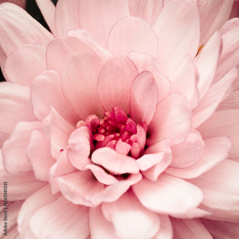 Obraz premium A close-up view of a pink flower with soft petals, revealing a delicate pink and red center. The image evokes a sense of gentle beauty and floral charm. Chrysanthemum