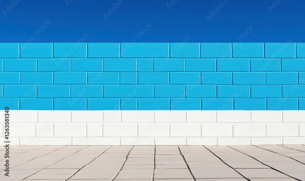 Fototapeta premium Vibrant Blue and White Wall Inspiring Calmness with Clear Blue Sky Above and Minimalist Floor Design in Bright Daylight