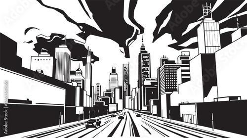 City landscape. Different buildings on street, outline cityscape hand sketch, flat houses. Hand drawn vector illustration