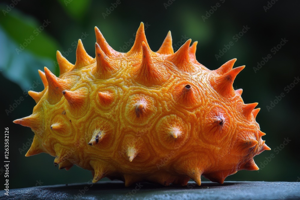 Bright orange spiky fruit on display under lush tropical foliage in a vibrant botanical setting Bright orange spiky fruit on display under lush tropical foliage in a vibrant botanical setting