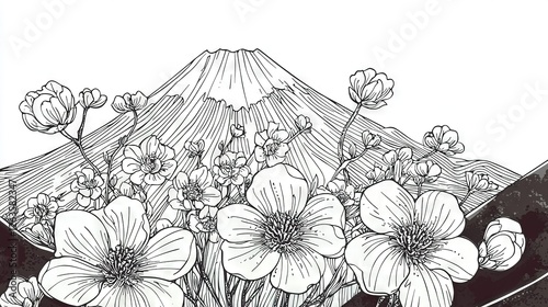  Black-and-white depiction of flowers against a mountaineous backdrop featuring a snowcapped peak photo