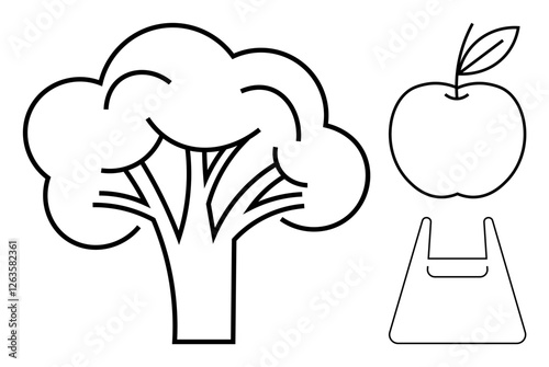 Simple line art features a tree, an apple, and a reusable bag. Ideal for themes on nature, health, sustainability, environmental conservation, organic lifestyle, eco-friendliness minimalism