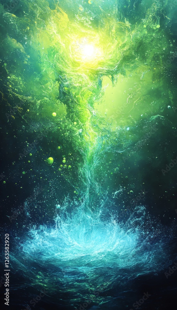 Obraz premium Aqua and Chartreuse Fusion Abstract Flowing Stream, Subtle Particles, Seamless Blend