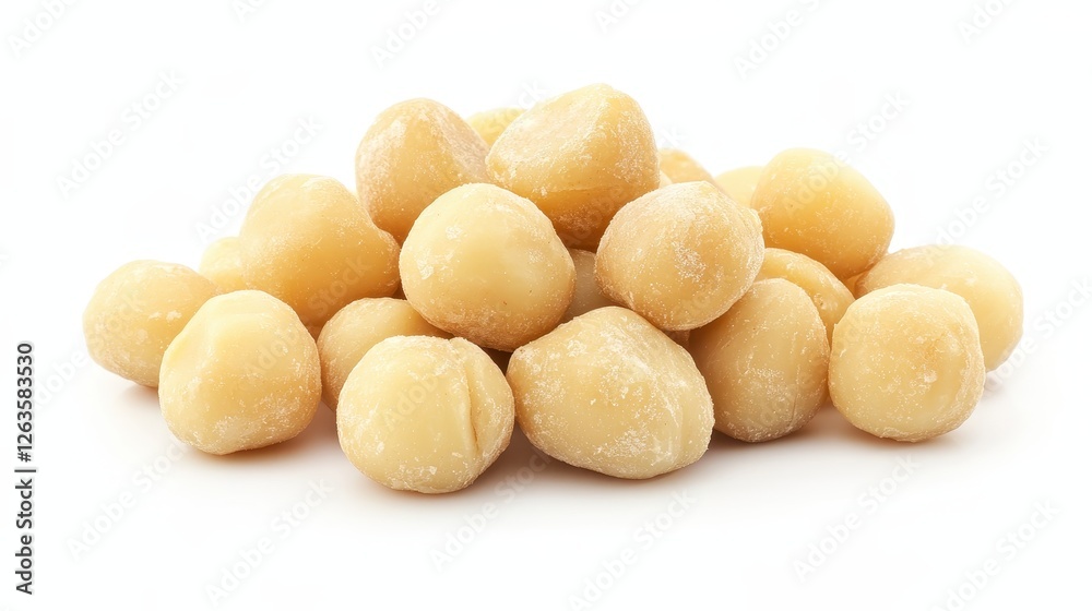 Fresh Macadamia Nuts on a Bright White Canvas: Natural, Healthy Snack Option
