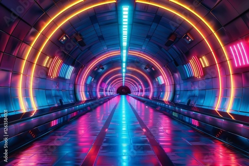 futuristic 3D tunnel with hyper neon colors and abstract elements creating a vibrant and energetic atmosphere. photo