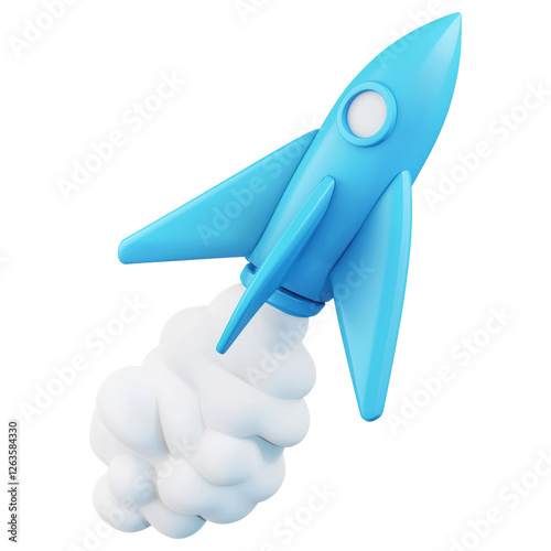 3d Rendered Light Blue Rocket Ship with White Smoke on Transparent Backdrop photo