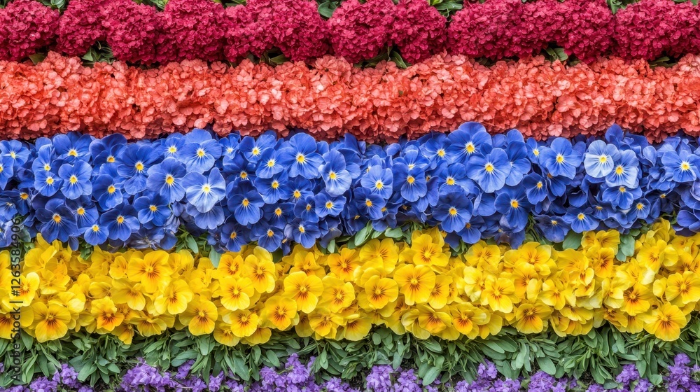 Striped flower bed with red, blue, and yellow floral layers Striped flower bed with red, blue, and yellow floral layers