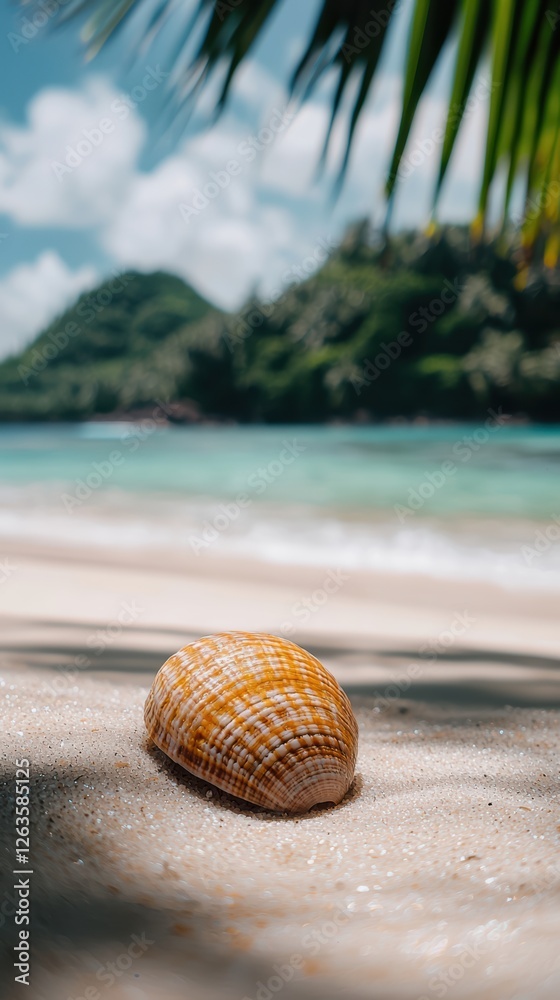 Intricate seashell on white sand with tranquil ocean background Intricate seashell on white sand with tranquil ocean background