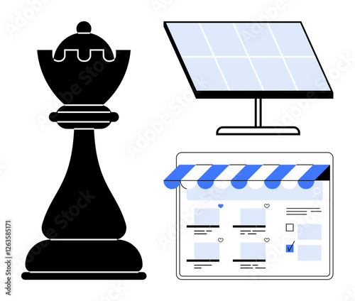 Chess piece symbolizes strategy, solar panel relates to renewable energy, online store elements indicate e-commerce. Ideal for business strategy, sustainability, technology adoption, digital photo