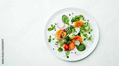   A white plate topped with an assortment of vegetables and a bed of fresh green leafy greens