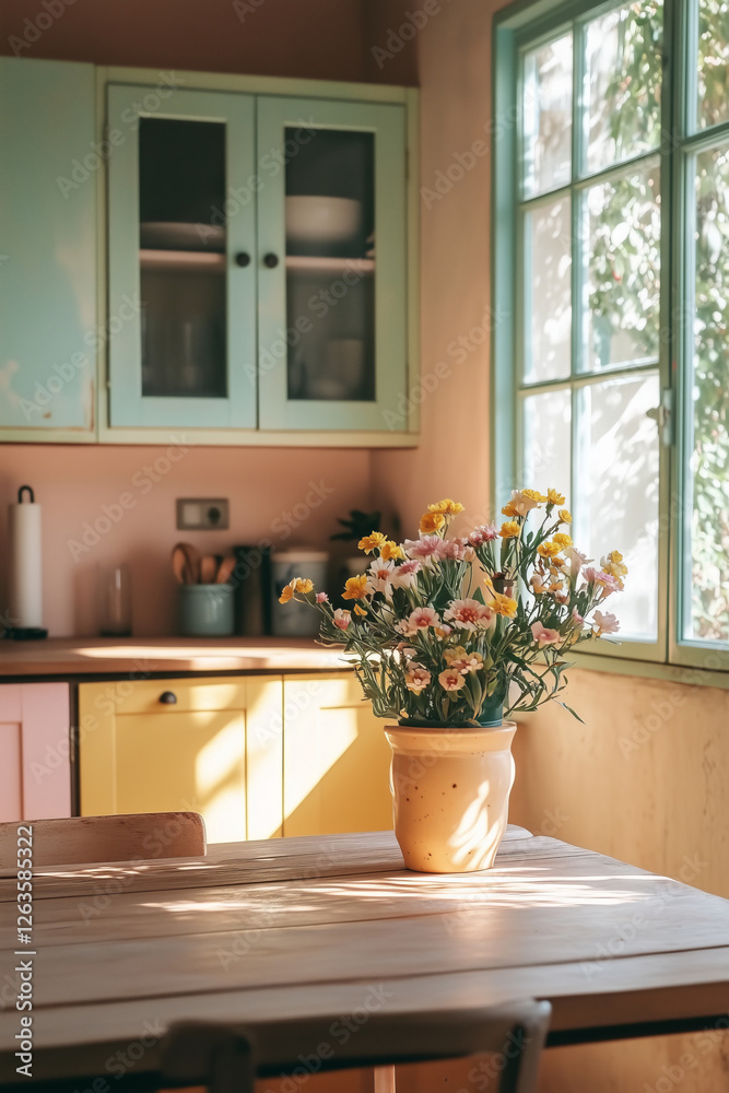 Beautiful flowers in a vase on a table of pastel modern kitchen on sunny day. Beautiful flowers in a vase on a table of pastel modern kitchen on sunny day.