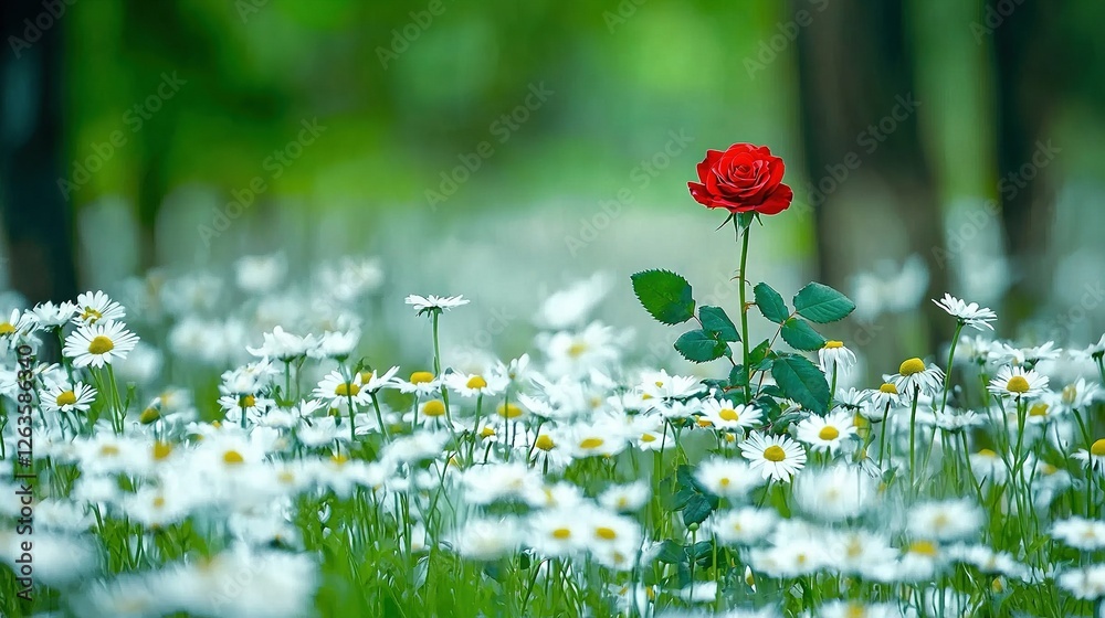 Φωτογραφία A red daisy stands out in a sea of white daisies