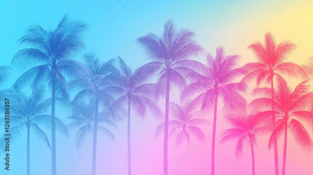 Naklejka premium Coconut palm silhouettes gently swaying against gradient sky, embodying tropical summer tranquility and vibrant evening coastal landscape