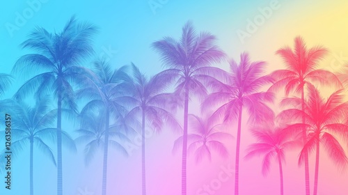Coconut palm silhouettes gently swaying against gradient sky  embodying tropical summer tranquility and vibrant evening coastal landscape