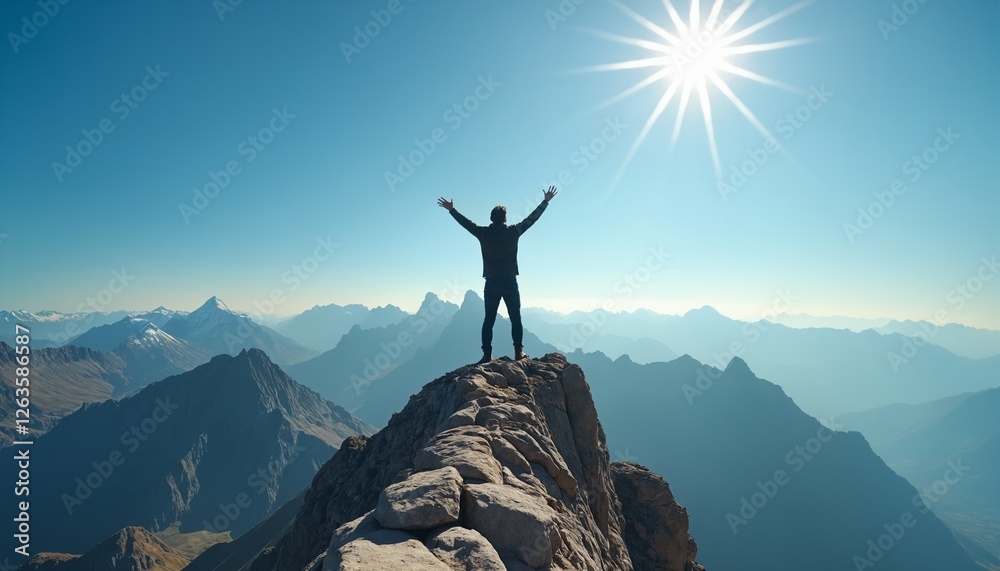 Man standing on mountain peak with arms raised under bright sun Man standing on mountain peak with arms raised under bright sun