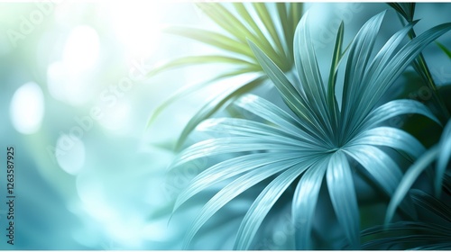 Intricate palm leaves backlit by warm sunlight on soft blue gradient