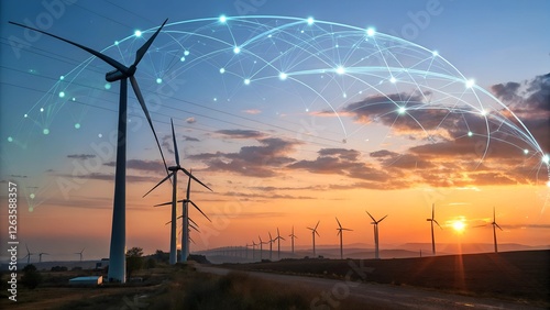 wind turbines at sunset