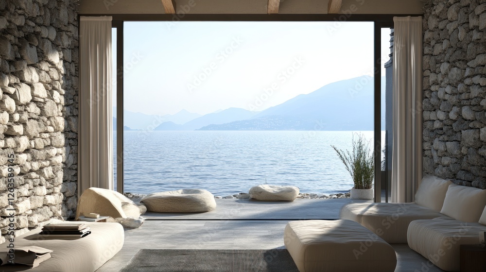 Obraz premium The rectangular windows that protrude from the natural stone wall are neatly arranged. These windows have dark gray or black frames that look sturdy and modern