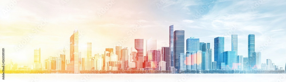 Fototapeta premium Stunning City Skyline at Sunrise with Modern Architecture and Reflections on Water, Orange and Blue Color Palette