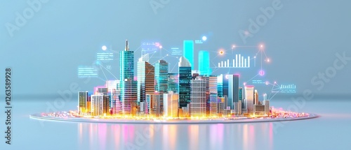 Futuristic Cityscape with Digital Elements and Data Visualizations Showcasing Urban Growth and Innovation in Technology
