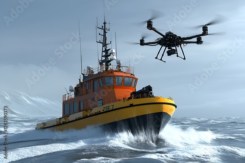 Aerial drone landing on a rescue vessel in stormy seas