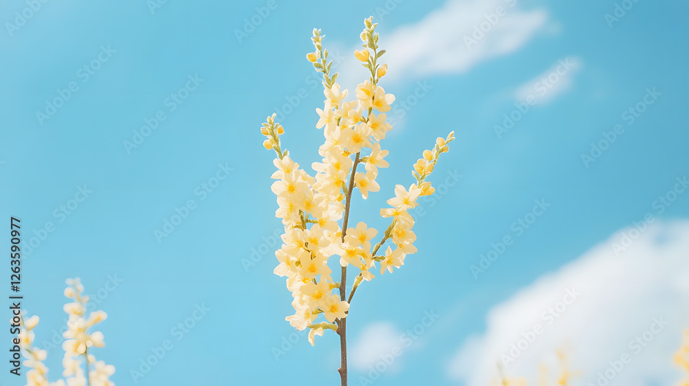 A tall, vertical forsythia plant with yellow flowers against the blue sky

