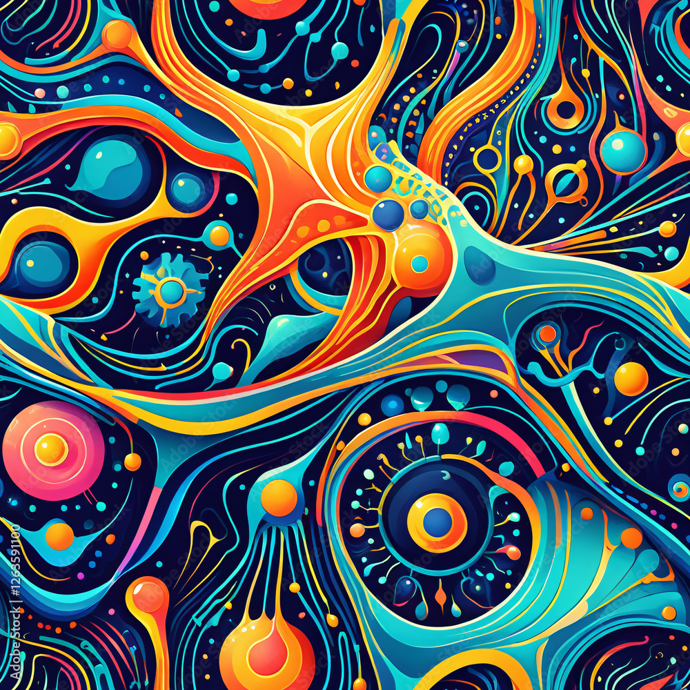 Fototapeta premium Abstract swirls of bright colors like orange, blue, yellow and pink create a mesmerizing pattern. Small circles and dots add detail and texture to the design. Seamless pattern, one tile