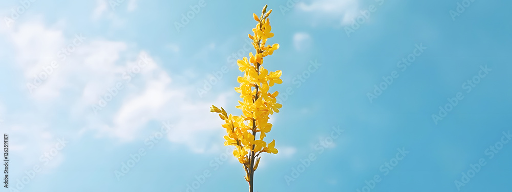 A tall, vertical forsythia plant with yellow flowers against the blue sky
A tall, vertical forsythia plant with yellow flowers against the blue sky