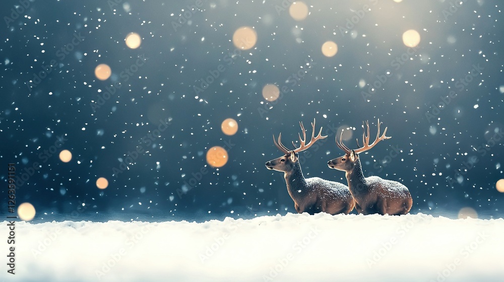 A pair of deer resting on a snow-covered ground at night A pair of deer resting on a snow-covered ground at night