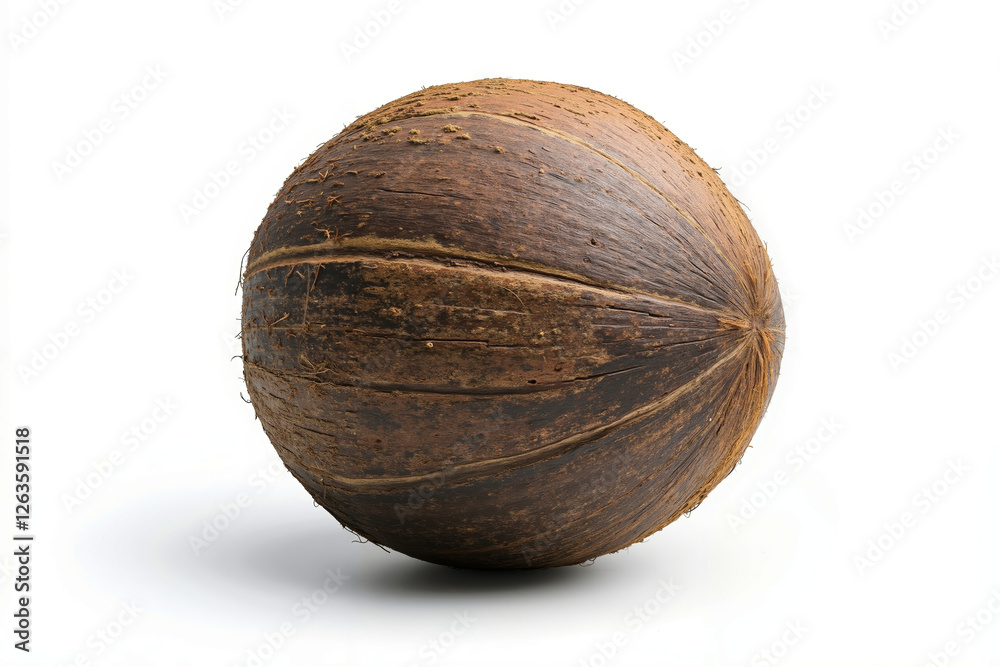 A coconut on a white background with a white surface