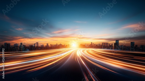 Dynamic City Skyline at Sunset with Light Trails and Vibrant Colors