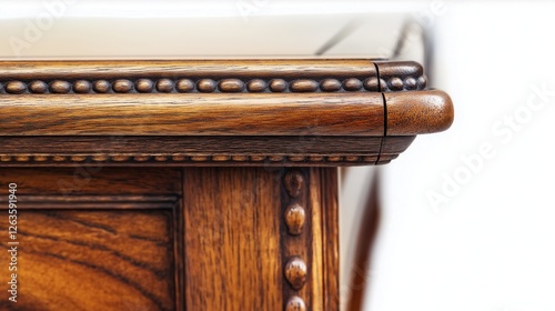 Intricate beadwork adorning vintage wooden desk corner, revealing meticulous woodcraft details and refined artisanal craftsmanship of historical furniture design