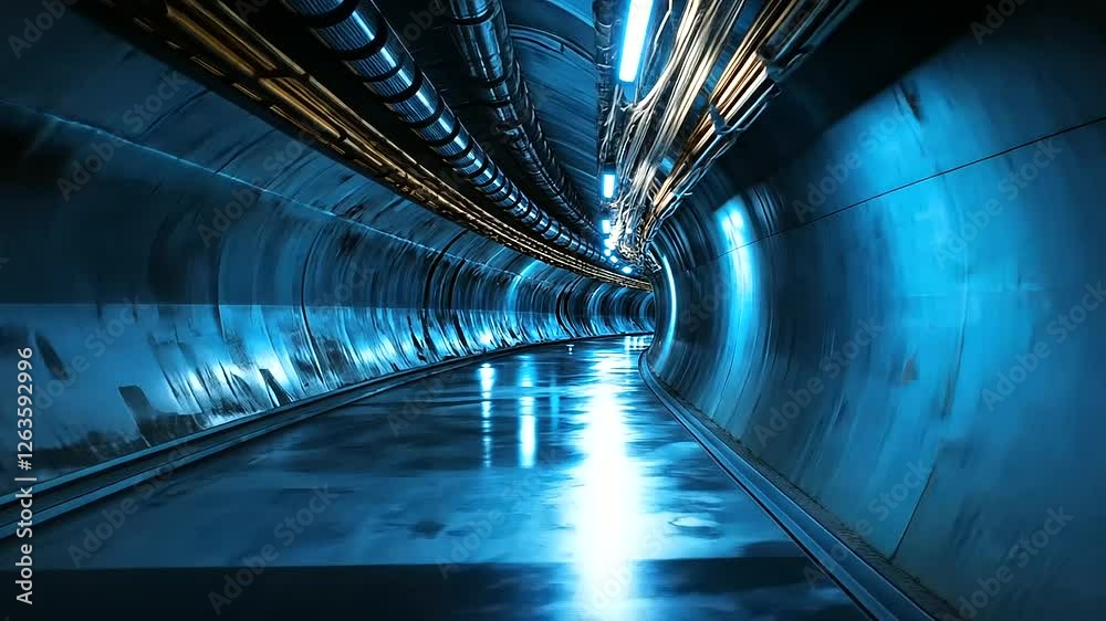A sci-fi inspired industrial tunnel, where thick copper cables snake along the floor and walls, glowing faintly as blue industrial lighting highlights their texture.