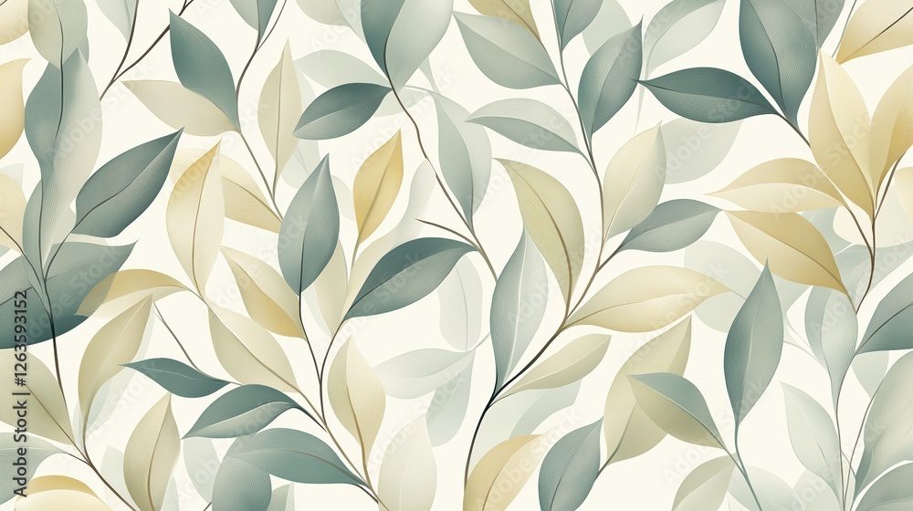 Delicate leaf pattern spreading softly in pastel green and beige, presenting organic, calming botanical design with gentle, interconnected foliage elements Delicate leaf pattern spreading softly in pastel green and beige, presenting organic, calming botanical design with gentle, interconnected foliage elements