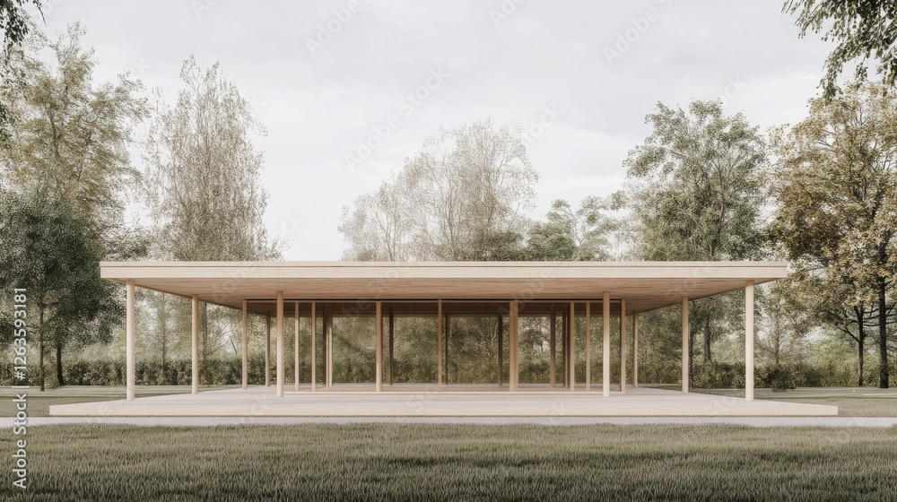 Minimalist Wooden Pavilion in Park, Daylight, Calm Atmosphere, Outdoor Recreation, Architectural Design, Peaceful Place, Public Space Minimalist Wooden Pavilion in Park, Daylight, Calm Atmosphere, Outdoor Recreation, Architectural Design, Peaceful Place, Public Space