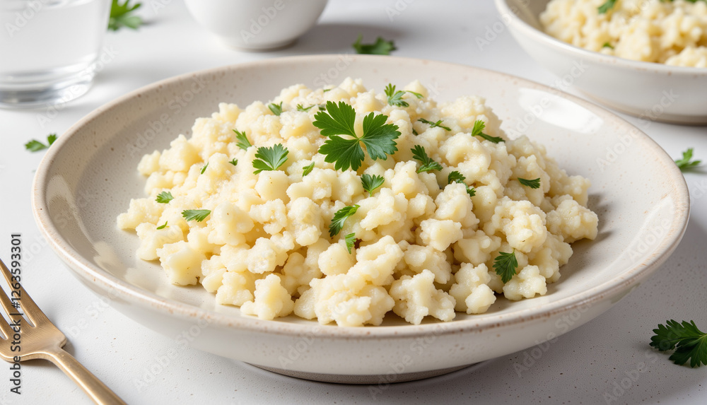 Creamy grain dish garnished with cilantro in a white bowl Creamy grain dish garnished with cilantro in a white bowl