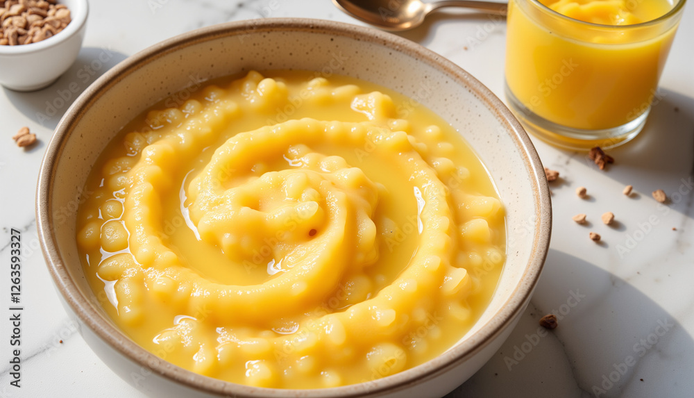 Creamy mashed yellow lentils in a bowl with garnish