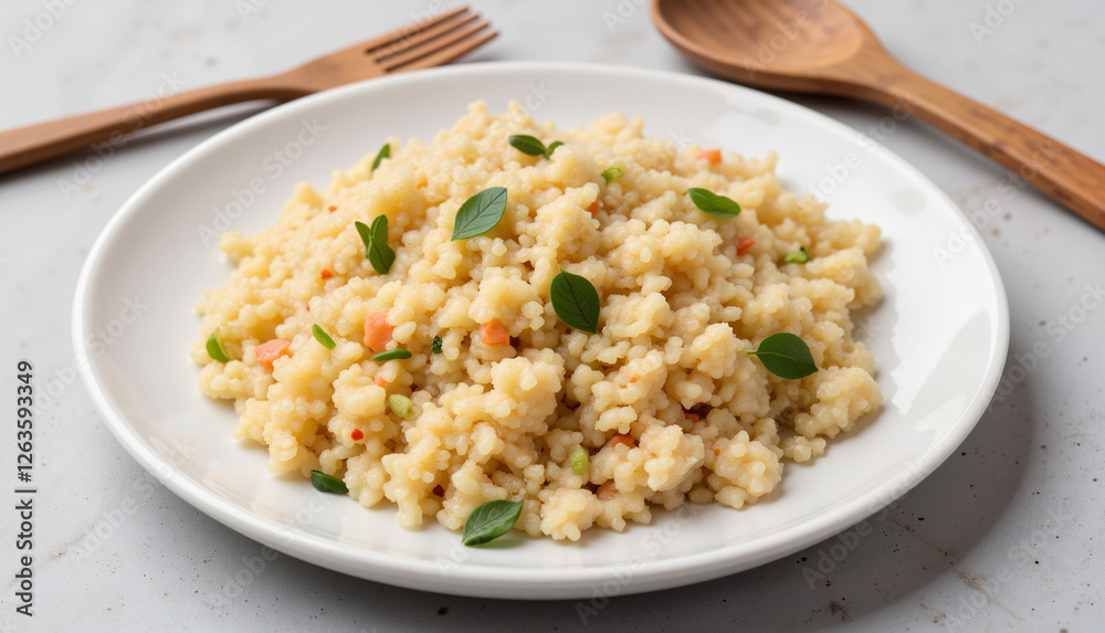Couscous dish garnished with herbs on a ceramic plate Couscous dish garnished with herbs on a ceramic plate