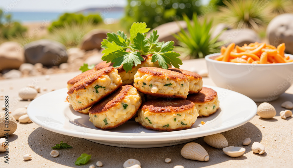 Delicious seafood cakes with herbs on plate by beach Delicious seafood cakes with herbs on plate by beach