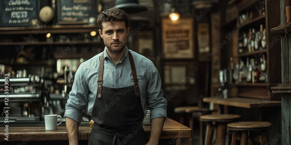 Man in a black apron with brown leather straps, peering through a serious gaze from beneath a gray shirt—intense focus captured in this close-up portrait Man in a black apron with brown leather straps, peering through a serious gaze from beneath a gray shirt—intense focus captured in this close-up portrait