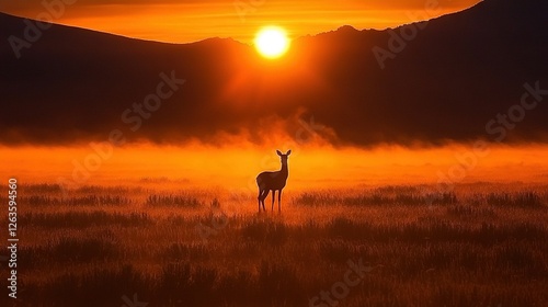  A deer stands in a field, bathed in sunlight as the sun sets, with fog enveloping the scene